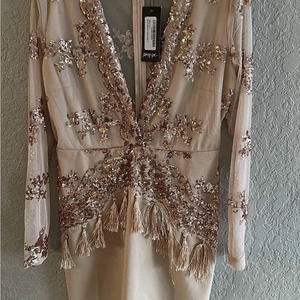 Nasty Gal Rose Gold Sequin Tassel Mini Dress - Picture 1 of 4